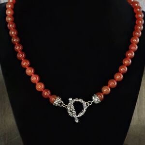 925 Sterling Silver Carnelian Designer Necklace 8mm Bead 43 Grams 18.5" Length